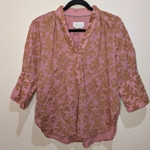 Anthropologie Button Pullover Pink Leaf Floral Cotton Shirt Blouse Top Size SP